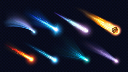 Wall Mural - realistic space comets, meteors, stars and asteroids with light trails at vector transparent backgro