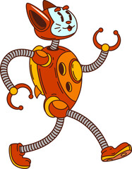 Aufkleber - Cartoon groovy robot and droid cat character with a mechanical body, flexible tube like limbs and clawed hands. Vector playful ai bot technology personage has a feline face and stylish retro sneakers
