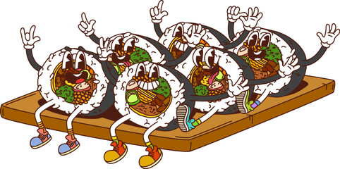 Poster - korean cuisine cartoon characters of kimbap rolls with funny faces, vector groovy food. gimbap or ki