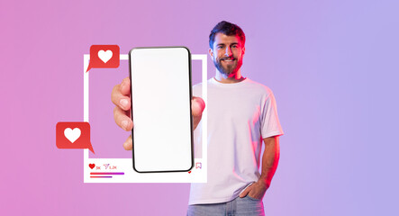 Aufkleber - A person holds a smartphone displaying a blank screen, surrounded by chat and like icons. The background features a vibrant gradient, creating an inviting atmosphere for online interaction.