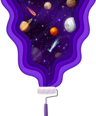 Poster - Paper cut space landscape of planets and stars wave splash with paint roller, vector universe galaxy, astronomy. Cartoon outer space, Moon, Earth, Saturn and Mars with 3d paper cut layered borders