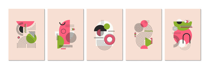 Poster - Modern posters with Memphis graphic shapes. Colorful banners or vector posters layouts with vintage line art forms. Funky graphic pattern cards or vertical flyers templates with Memphis shapes