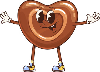 Poster - groovy retro cartoon chocolate candy heart or sweet character with happy face, vector emoji. funny c