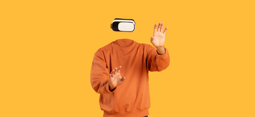 Poster - A person wearing modern virtual reality goggles engages with an immersive digital experience. The individual appears headless against a bright yellow background, showcasing innovative tech.