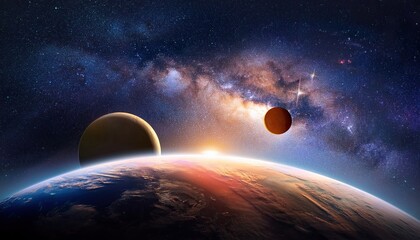 Poster - Exploration of cosmic wonders with planets and galaxies shining in the vastness of outer space