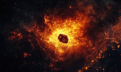 Poster - A fiery explosion in space with a large crater in the center