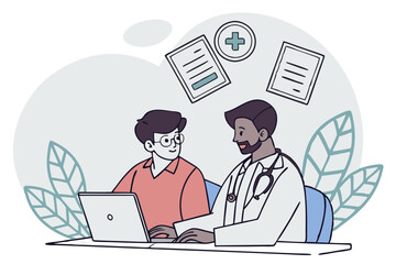 Poster - Two men engage in a conversation about health-related matters while seated at a desk. The environment suggests a professional healthcare setting, possibly discussing patient information