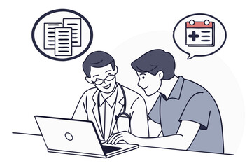 Poster - Two men are engaged in a conversation about health topics while seated at a laptop in an office environment. They appear focused and collaborative, discussing important information