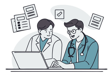 Poster - Two men are seated at a desk, collaborating on a laptop. One man is wearing a lab coat while the other has a stethoscope around his neck. Papers are scattered around them