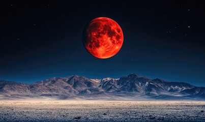 Wall Mural - a red moon is in the sky above a mountain range