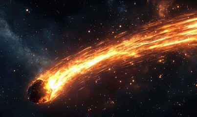 Poster - A comet is seen in the sky with a bright orange tail