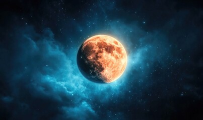Wall Mural - a large orange moon is in the sky above a blue and cloudy background