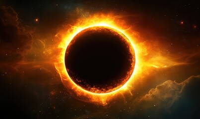 Wall Mural - a large, glowing orange sun is surrounded by a black void. solar eclipse