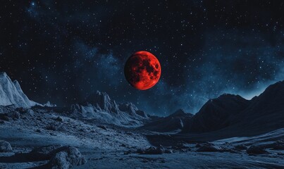 Wall Mural - a red moon is in the sky above a rocky, barren landscape
