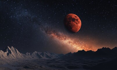 Wall Mural - a red moon is in the sky above a mountain range
