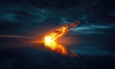 Wall Mural - meteorite falls into the ocean. a fire is burning in the ocean
