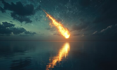 Wall Mural - a bright orange meteor is falling through the sky above a calm body of water