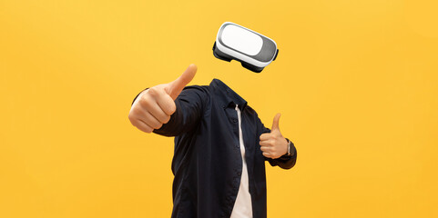 Poster - A user is immersed in a virtual reality experience, showcasing a thumbs-up gesture while donning modern VR goggles. The vibrant background adds to the high-tech ambiance of the activity.
