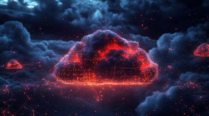 Fototapete - Fiery Digital Cloud Network in a Dark Sky