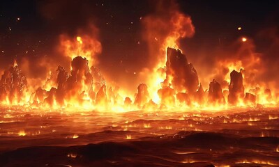 Wall Mural - Fiery Eruption of Lava Creating a Stunning Landscape of Destruction and Intensity with Glowing Heat and Chaotic Atmosphere at Night