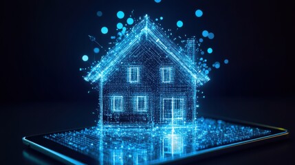 Poster - Digital Representation of a Home Emerging from a Smartphone with Glowing Particles in a Dark Background