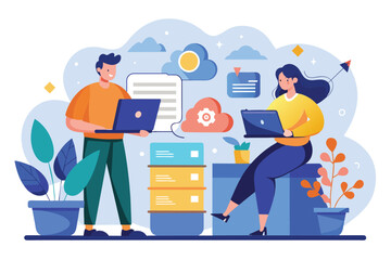 Poster - A man and woman are working together on laptops, discussing cloud storage in a colorful office workspace, Two people with cloud storage