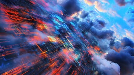 Fototapete - Digital Sky: Abstract Network Above the Clouds