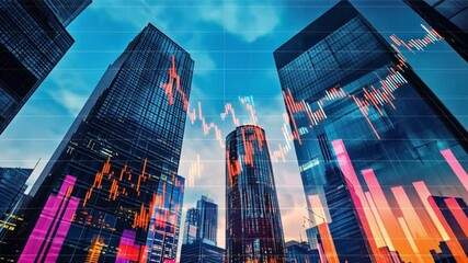 Poster - Modern skyscrapers with stock market data overlay at dusk