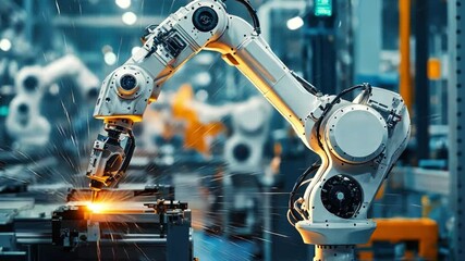 Poster - Robotic arm welding metal parts in a busy factory setting