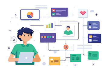 Aufkleber - A person adjusts user flow while working on a laptop, with various graphics and data visualizations around, User flow Customizable Disproportionate Illustration