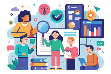 Poster - a diverse team collaborates on user research, sharing ideas and analyzing data together, user resear