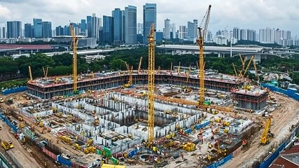 Poster - Construction Projects Progress With Cranes Towering Over Workers Generative AI