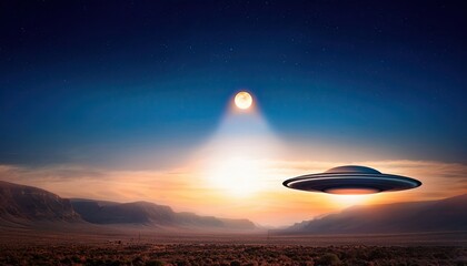 Poster - UFO glows brightly during an eclipse above a vast desert landscape at dusk