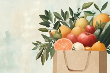 Aufkleber - Modern illustration of a grocery bag brimming with organic fruits and vegetables in soft earthy colors Generative AI