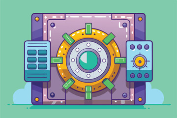 Poster - A vibrant vault illustration featuring a circular lock mechanism and control panels on the side, Vault Customizable Flat Illustration