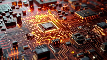 Poster - A close-up view of vibrant technological circuits pulsating with energy, showcasing intricate details and patterns in a dark, illuminated environment