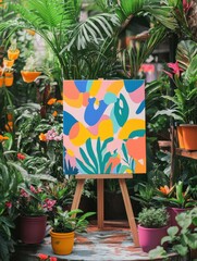 Poster - 2:3 canvas mockup on a stand, surrounded by colorful flower pots filled with vibrant plants and flowers, perfect for artistic and nature-themed displays
