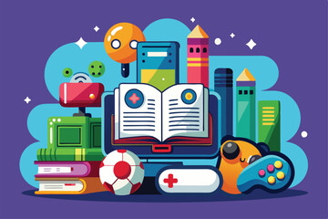 Poster - An engaging display of books, game controllers, and playful icons captures themes of gaming and reading, Video games and reading,