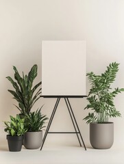 Poster - A canvas mockup with a 2:3 aspect ratio on a wooden stand, surrounded by decorative flower pots with vibrant plants, styled to create a peaceful home atmosphere