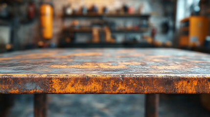 Wall Mural - Rough metal workshop desk on a blurred garage backdrop, symbolizing industrial creativity and craftsmanship with ample copy space for modern design themes