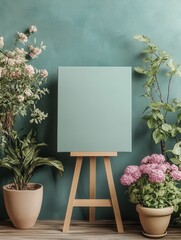 Poster - Canvas mockup with a 2:3 aspect ratio on a stand, accompanied by decorative flower pots, featuring a mix of plants and flowers for a vibrant, artistic setting