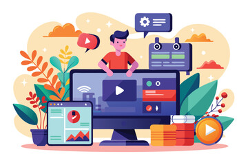 Poster - a colorful representation of a video streaming setup featuring interaction and analytics tools on sc