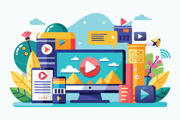 Poster - A lively design featuring multiple devices displaying video content amidst colorful backgrounds and decorative elements, video streaming Customizable Semi Flat Illustration