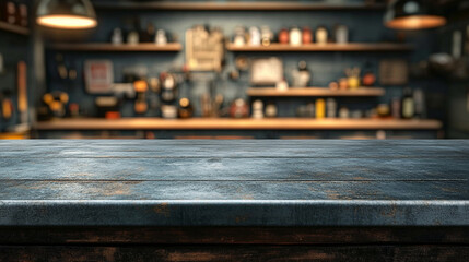 Wall Mural - Rough metal workshop desk on a blurred garage backdrop, symbolizing industrial creativity and craftsmanship with ample copy space for modern design themes