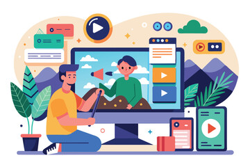 Poster - A user creates a unique tutorial on a computer, featuring interactive visuals and vibrant graphics, Video tutorial Customizable Disproportionate Illustration
