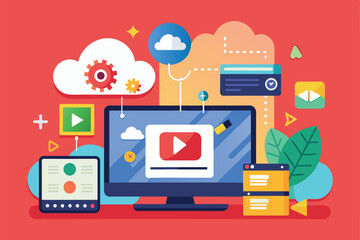 Poster - a digital layout showcases a customizable interface for video uploads with vibrant graphics and tool