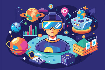 Poster - A user engages with interactive virtual reality elements filled with vibrant, disproportionate illustrations, Virtual reality Customizable Disproportionate Illustration
