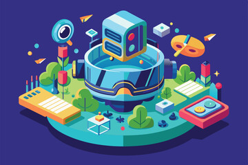 Poster - Explore a vibrant VR world with customizable features and interactive objects for creativity, Virtual reality Customizable Semi Flat Illustration