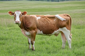 Fototapete - Peaceful dairy cow standing in a lush green meadow during golden hour in soft sunlight with a clean natural backdrop Generative AI