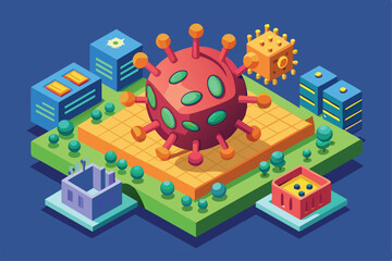 Poster - A detailed isometric depiction of a virus surrounded by buildings and greenery, designed for customization, Virus Customizable Isometric Illustration